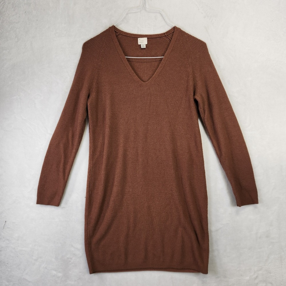 A New Day Brown Ribbed V-Neck‎ Long Sleeve Sweater Dress Womens Small